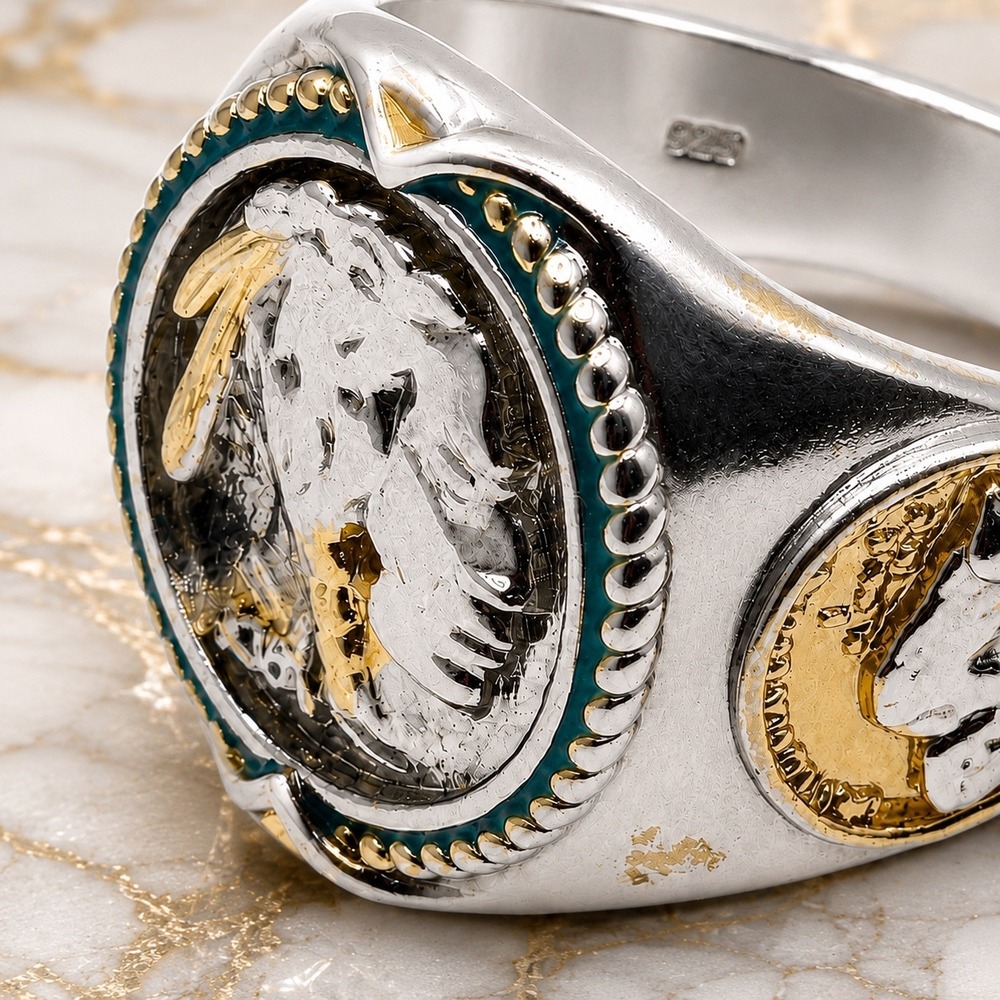 925 Sterling Silver Buffalo Nickel Indian Head Ring Gold Tone Enamel Sz 10